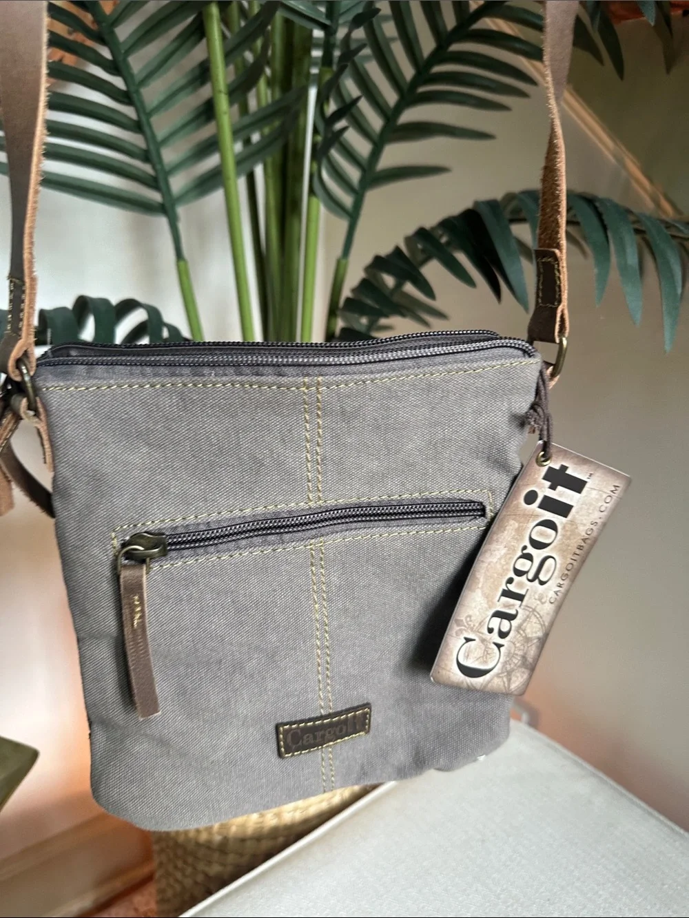 Gray Canvas Crossbody Bag with Tan Leather Strap